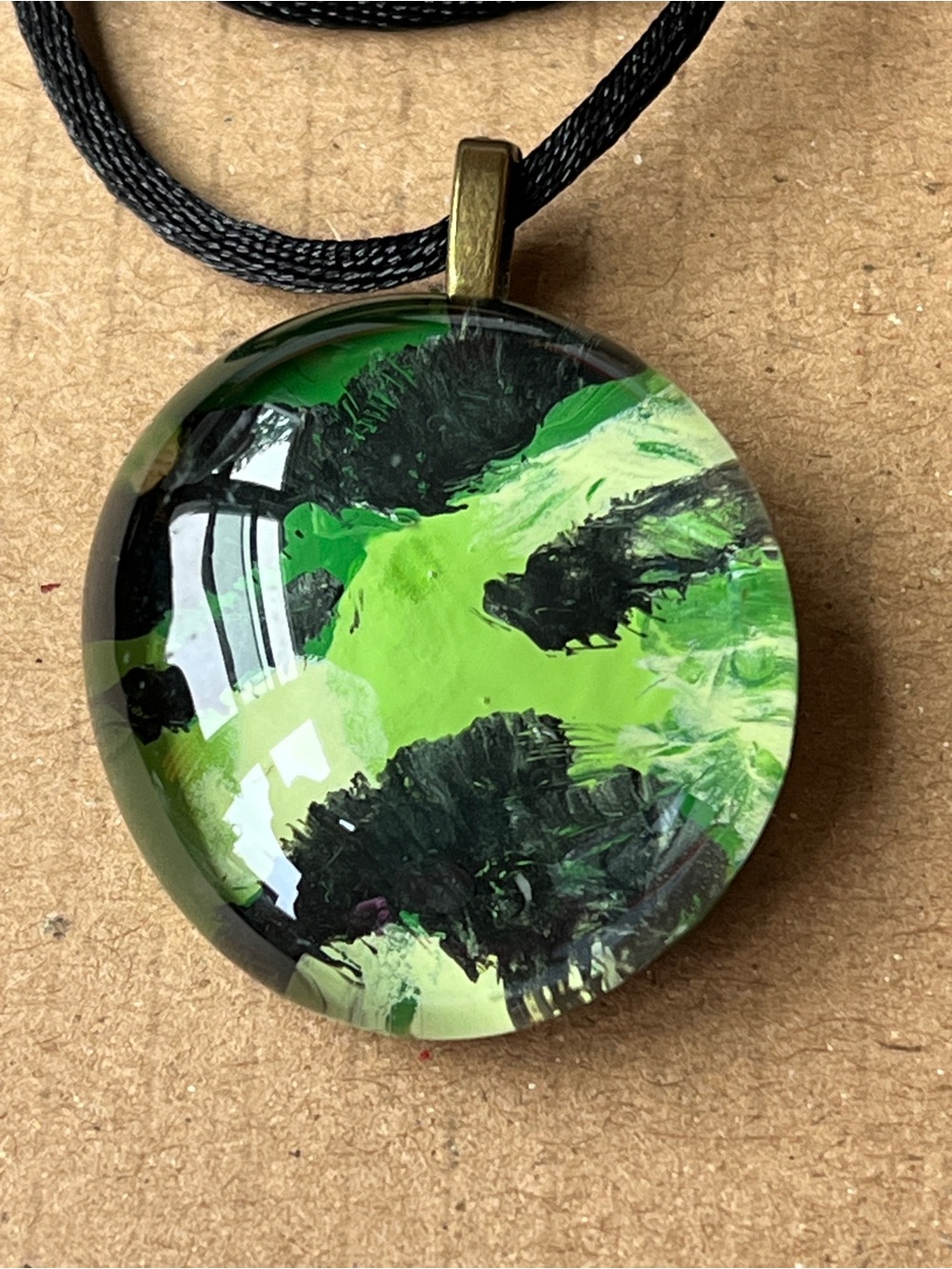 Handmade Green Black Marble Round Pendant Necklace 21” Artisan Jewelry